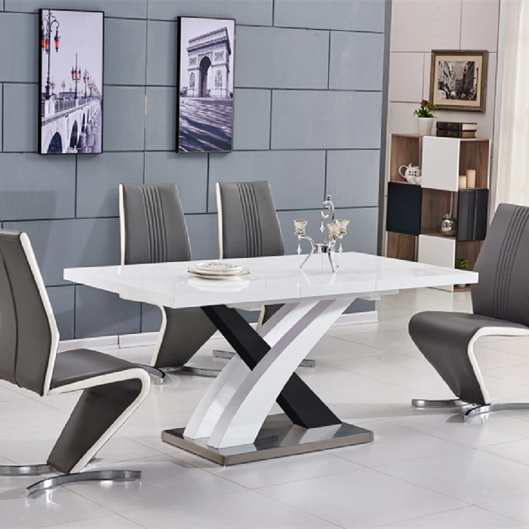 High Quality Restaurant Hotel Wholesale Modern Extendable MDF Top Stainless Steel Black White 6/8 Seat Dining Table