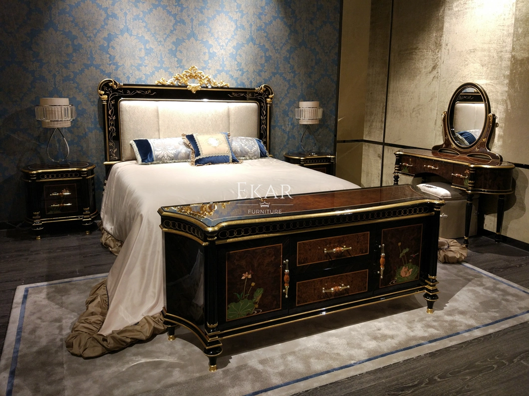 Luxury Antique Nobility Bedroom Furniture High Gloss Veneer Nightstand Gold Foil Decoration Flower Pattern Bedside Table